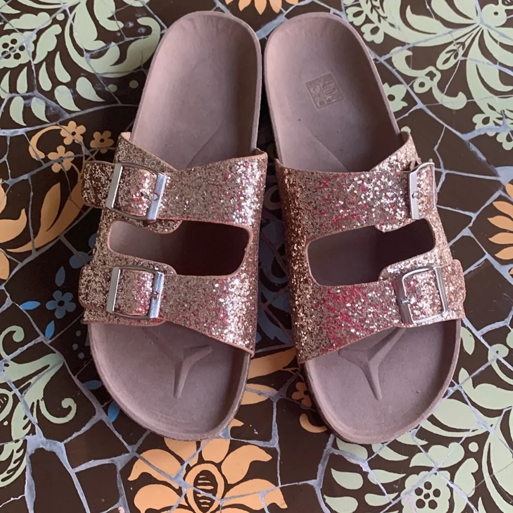Glitter Double-Buckle Slide Sandals - Rose Gold